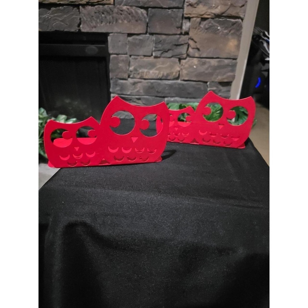 Red Metal Owl Bookends x2  Whimsical Industrial